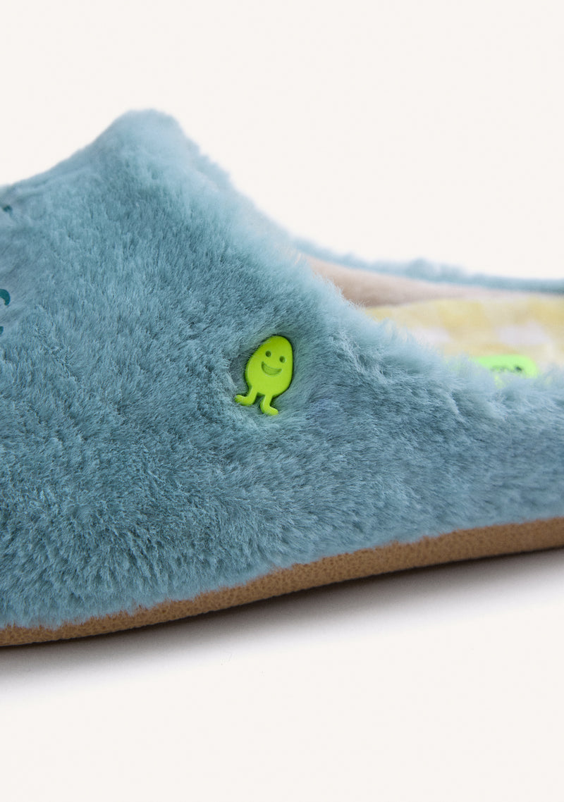 GREEN FUR HOUSE SLIPPERS WITH DESIGN AND TEXT