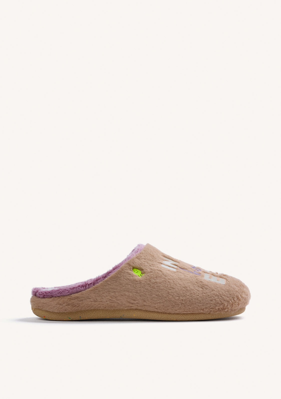 BROWN FUR HOUSE SLIPPERS WITH TEXT