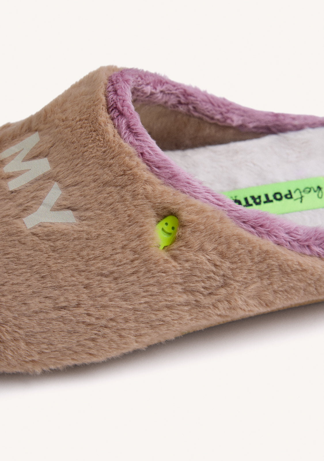 BROWN FUR HOUSE SLIPPERS WITH TEXT