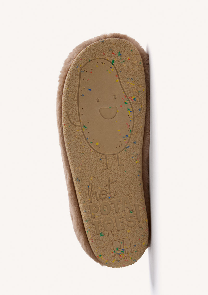 BROWN FUR HOUSE SLIPPERS WITH TEXT