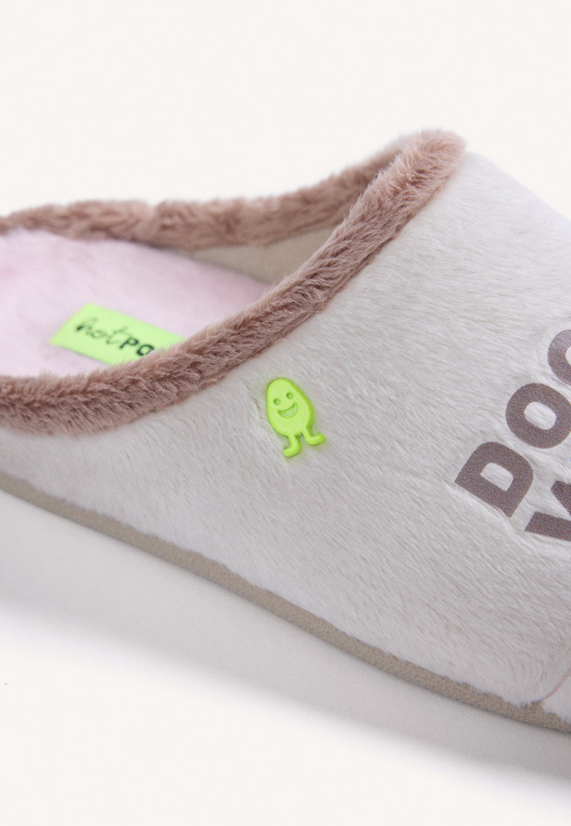PANTOFOLE DA CASA BEIGE IN PELLICCIA CON TESTO