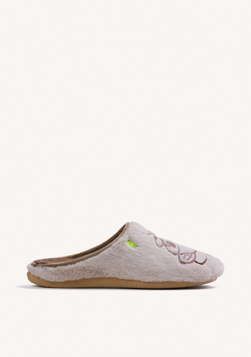 BEIGE FURRY HOUSE SLIPPERS WITH DESIGN AND TEXT