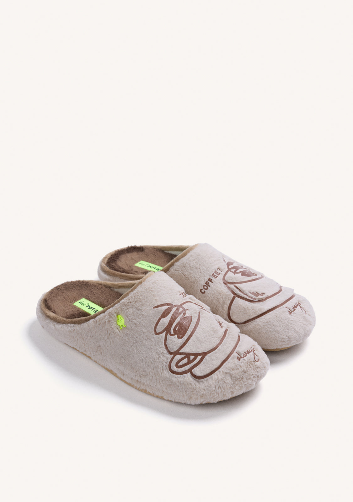 BEIGE FURRY HOUSE SLIPPERS WITH DESIGN AND TEXT