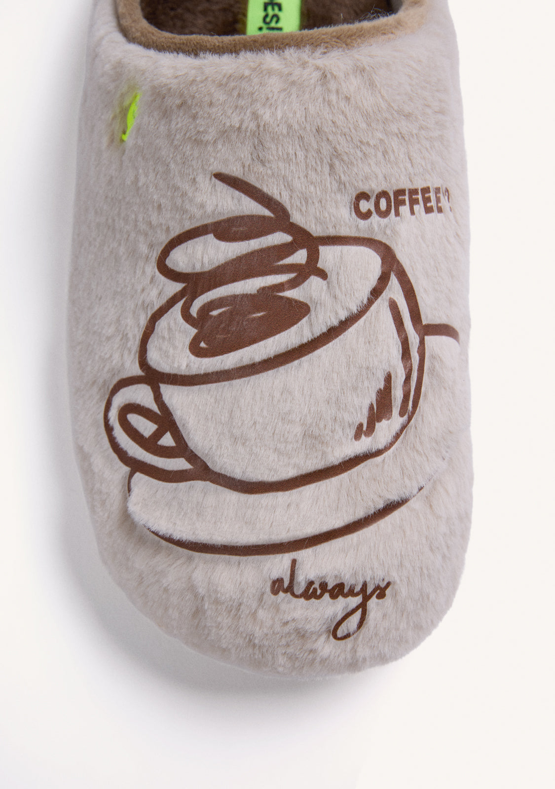 BEIGE FURRY HOUSE SLIPPERS WITH DESIGN AND TEXT