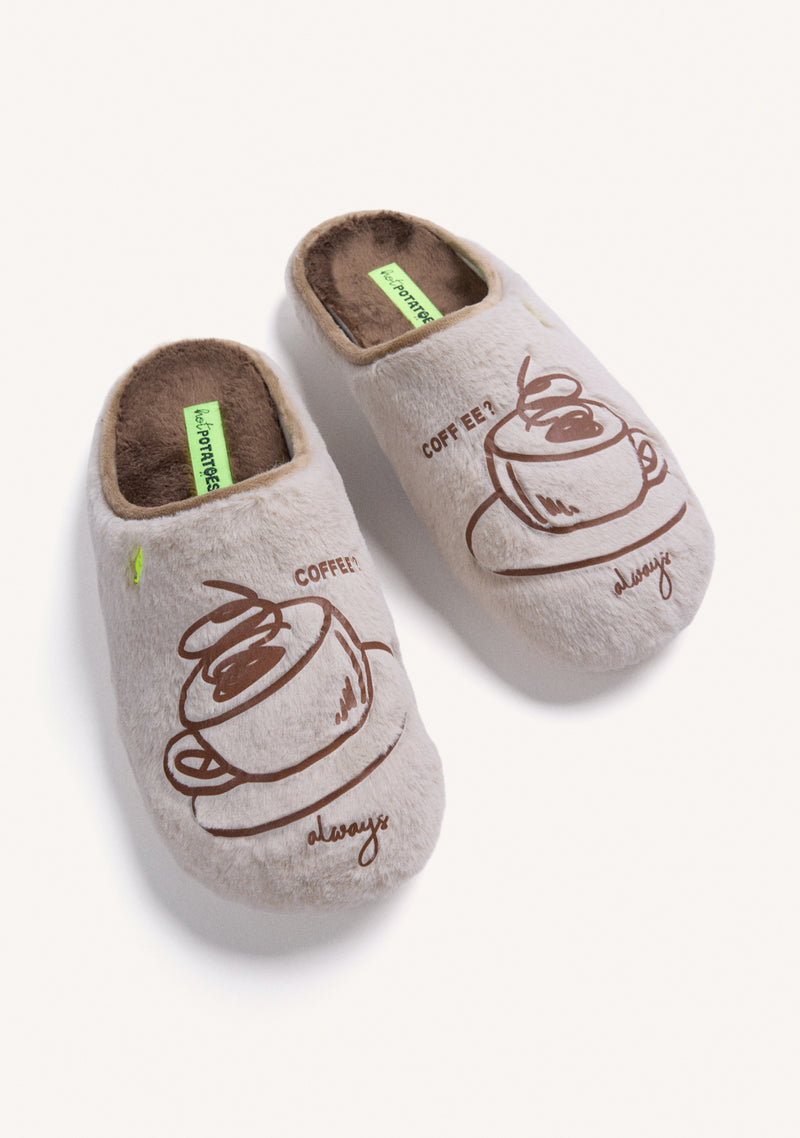BEIGE FURRY HOUSE SLIPPERS WITH DESIGN AND TEXT