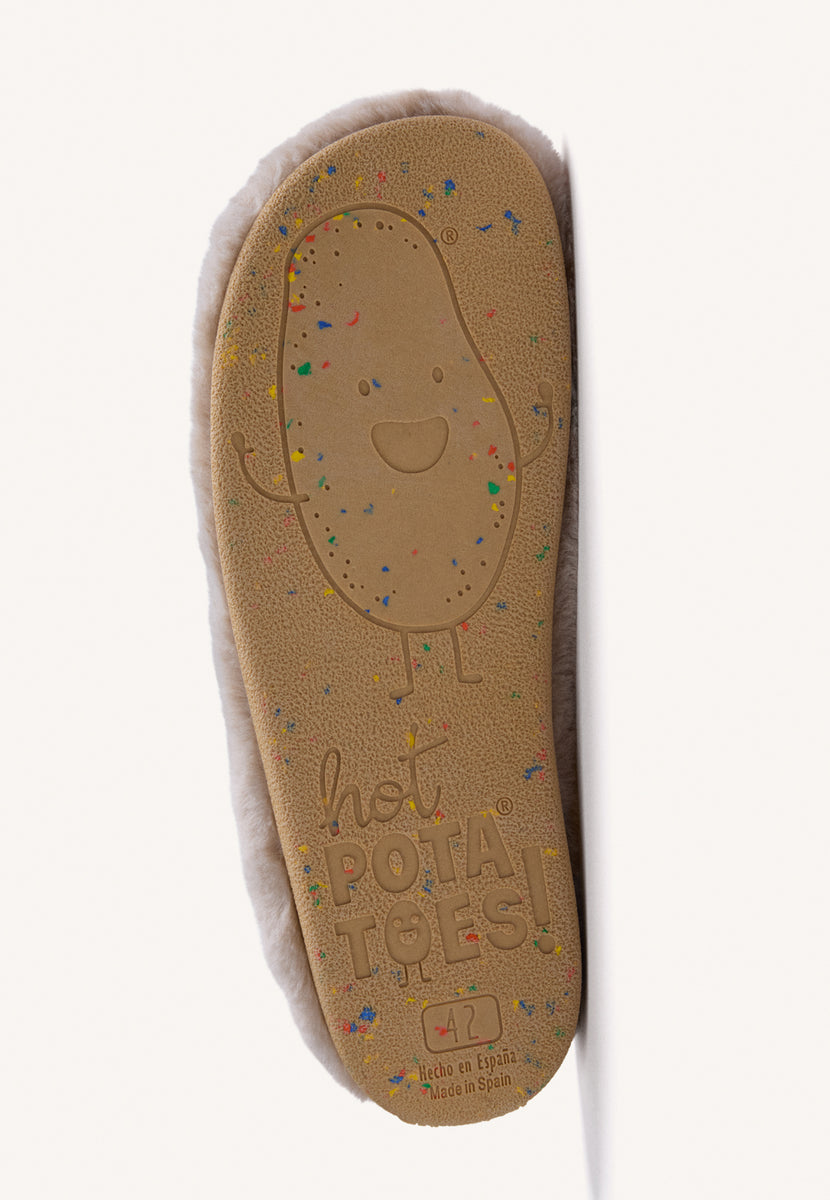 PANTOFOLE DA CASA BEIGE IN PELLICCIA CON DISEGNO E TESTO