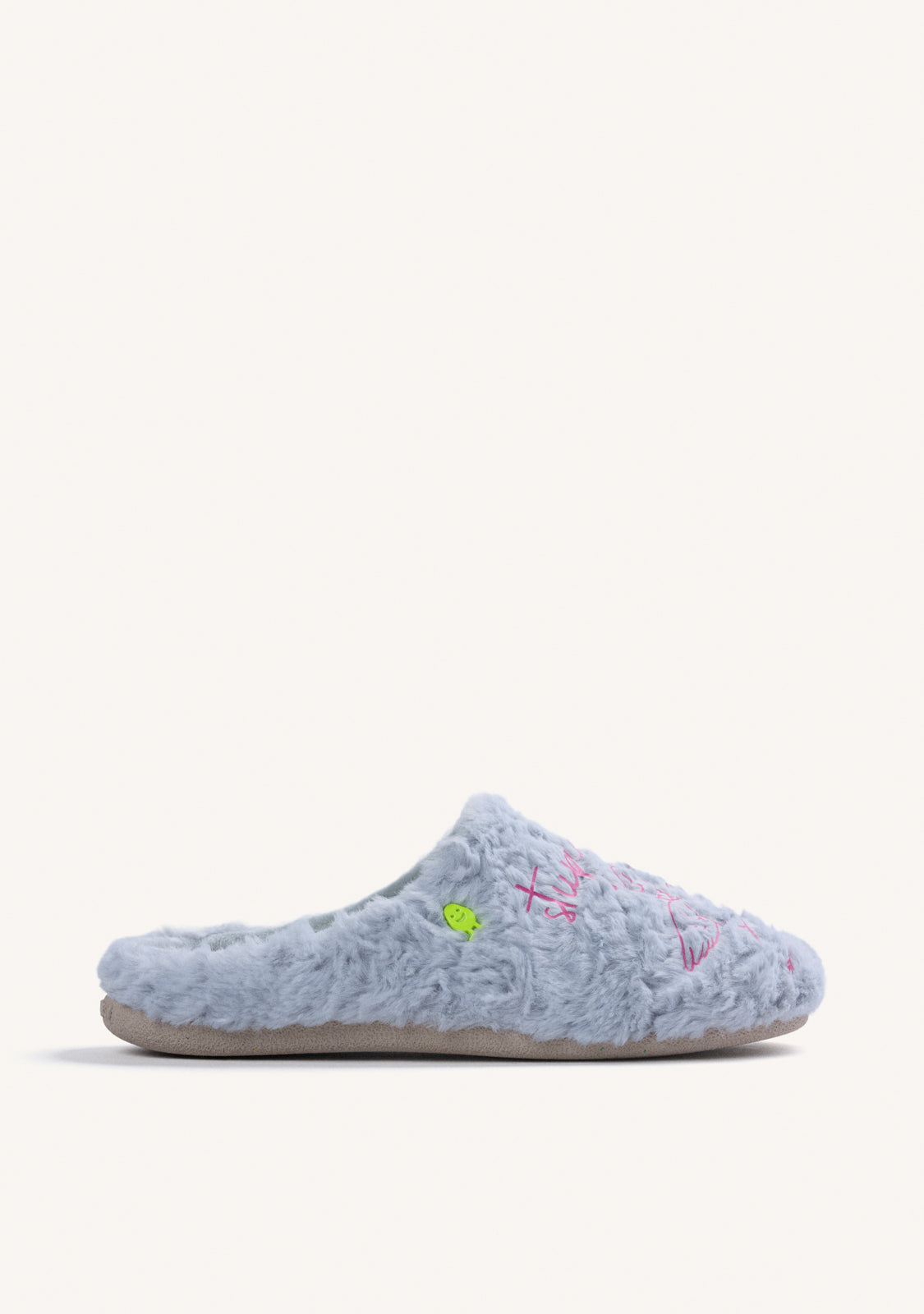 BLUE FUZZY HOUSE SLIPPERS WITH DESIGN AND TEXT