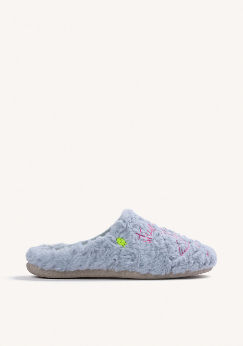 BLUE FUZZY HOUSE SLIPPERS WITH DESIGN AND TEXT