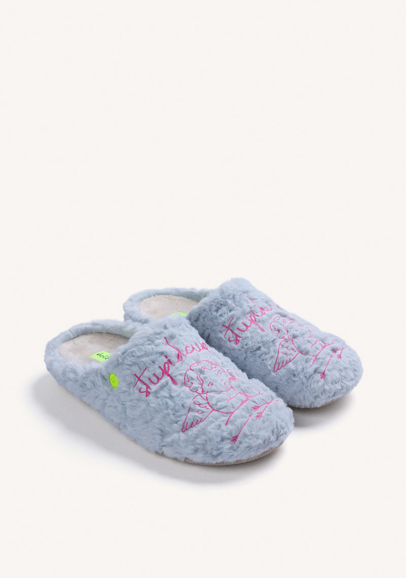 BLUE FUZZY HOUSE SLIPPERS WITH DESIGN AND TEXT