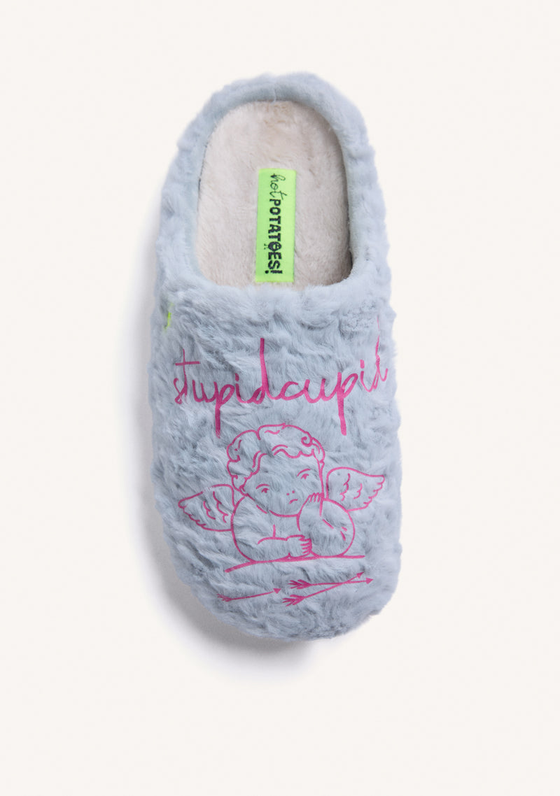 BLUE FUZZY HOUSE SLIPPERS WITH DESIGN AND TEXT