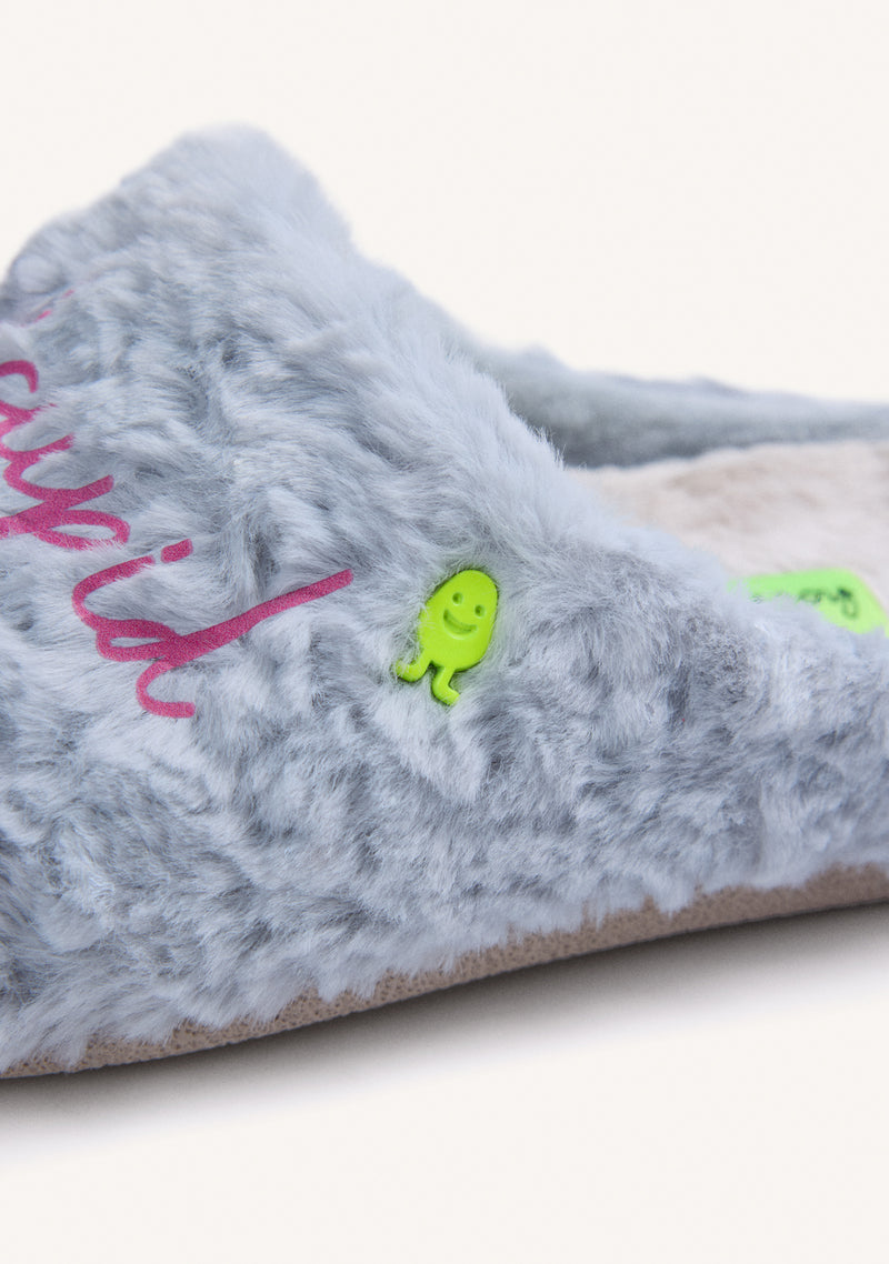 BLUE FUZZY HOUSE SLIPPERS WITH DESIGN AND TEXT