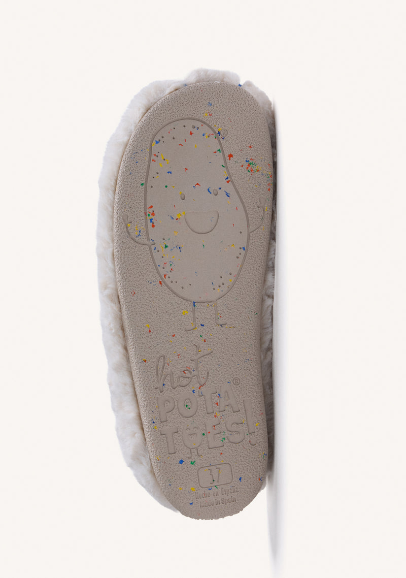 PANTOFOLI DA CASA BEIGE IN PELLICCIA CON DISEGNO E TESTO
