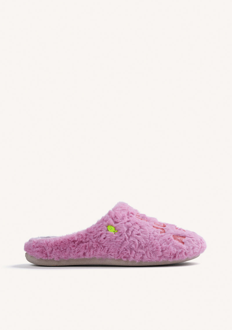 PINK FUZZY HOUSE SLIPPERS WITH TEXT