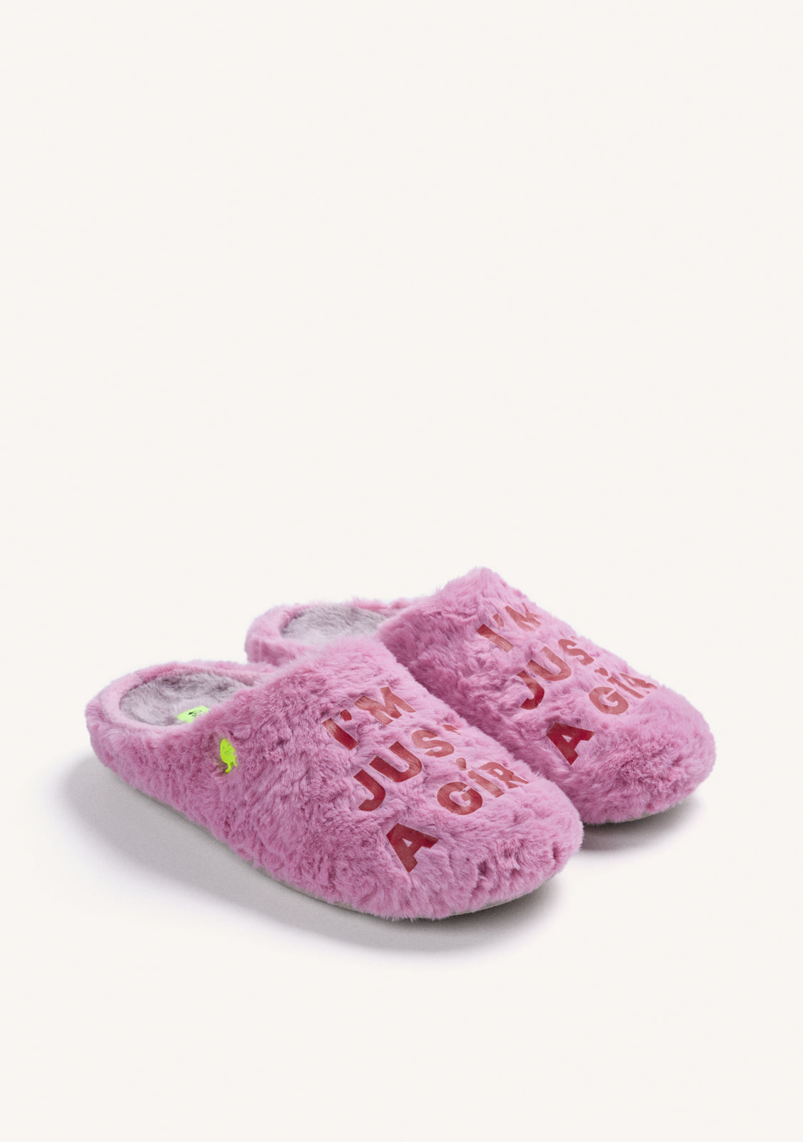 PINK FUZZY HOUSE SLIPPERS WITH TEXT
