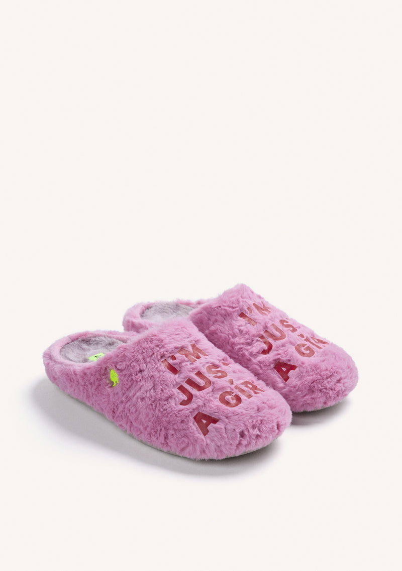 PINK FUZZY HOUSE SLIPPERS WITH TEXT