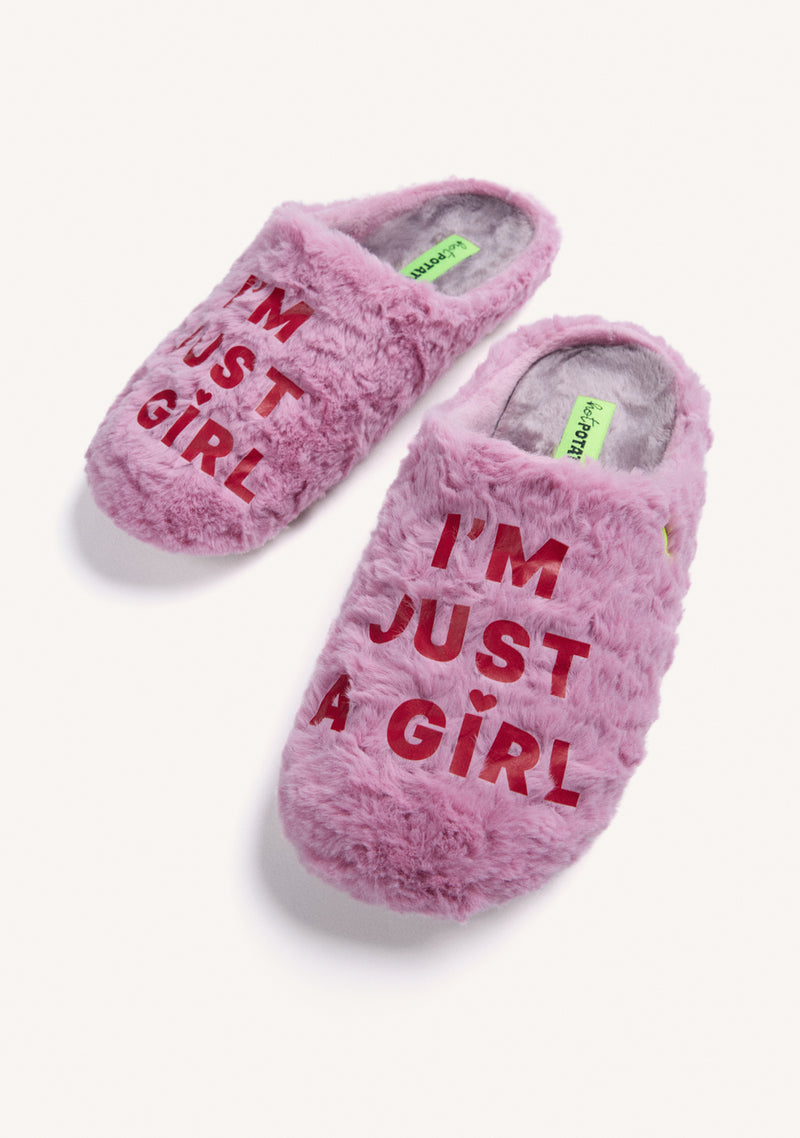 PINK FUZZY HOUSE SLIPPERS WITH TEXT