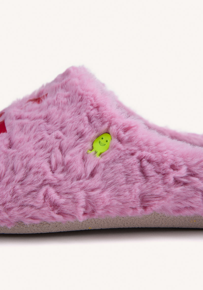 PINK FUZZY HOUSE SLIPPERS WITH TEXT