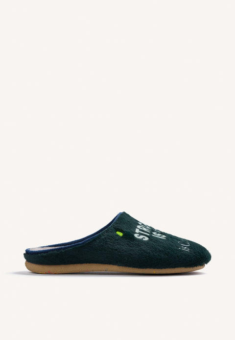 GREEN FUZZY HOUSE SLIPPERS WITH TEXT