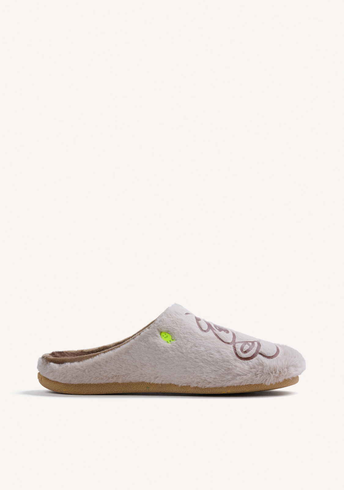 BEIGE FUZZY HOUSE SLIPPERS WITH DESIGN AND TEXT