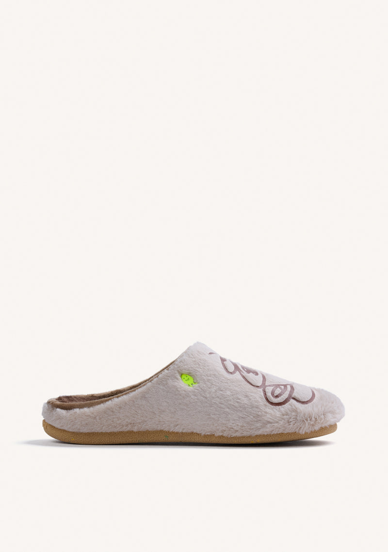 BEIGE FUZZY HOUSE SLIPPERS WITH DESIGN AND TEXT