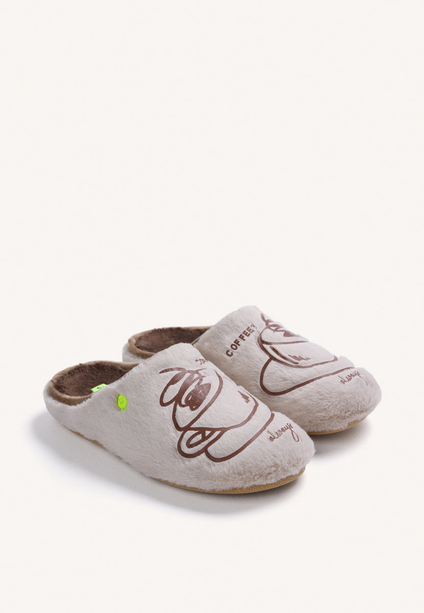 PANTOFOLINE DA CASA BEIGE IN PELLICCIA CON DISEGNO E TESTO