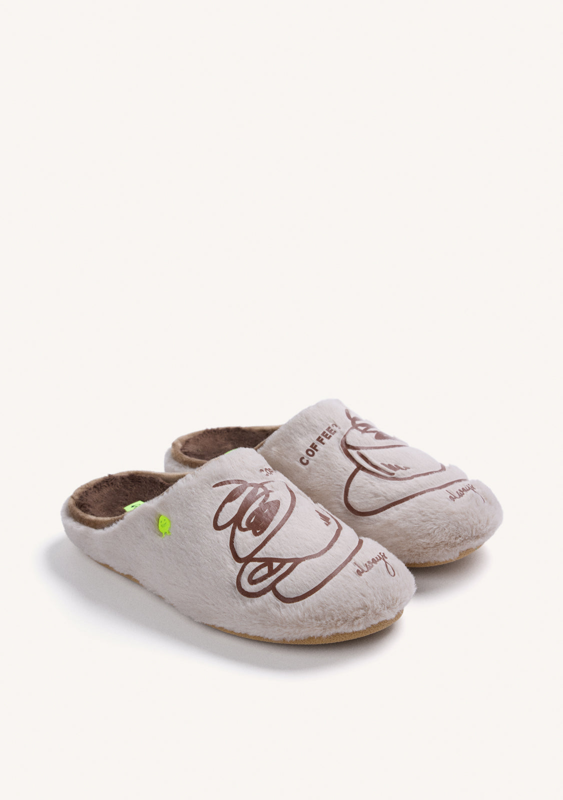 BEIGE FUZZY HOUSE SLIPPERS WITH DESIGN AND TEXT