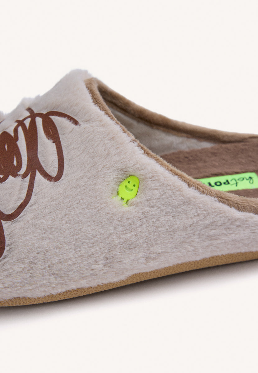 PANTOFOLINE DA CASA BEIGE IN PELLICCIA CON DISEGNO E TESTO
