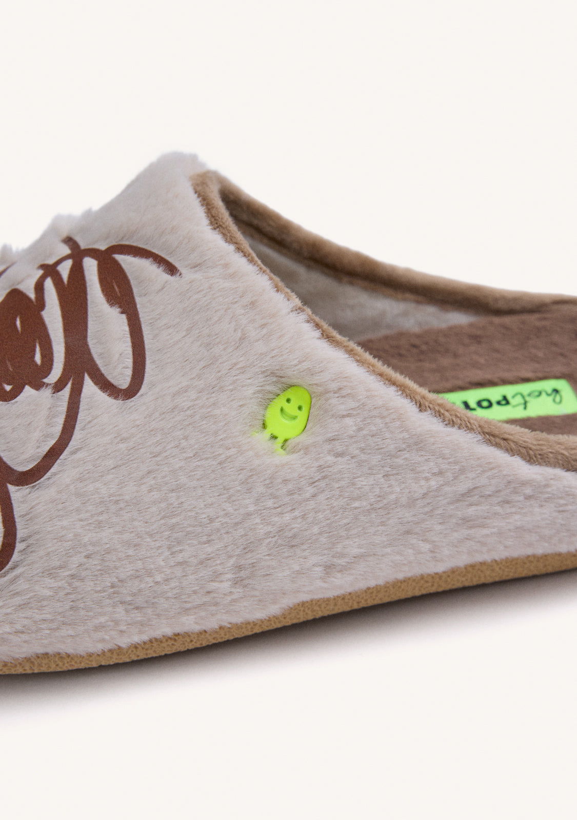 BEIGE FUZZY HOUSE SLIPPERS WITH DESIGN AND TEXT