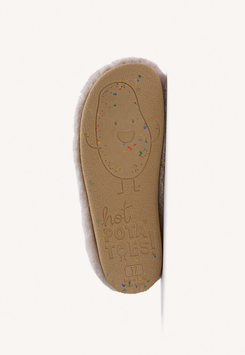 PANTOFOLINE DA CASA BEIGE IN PELLICCIA CON DISEGNO E TESTO