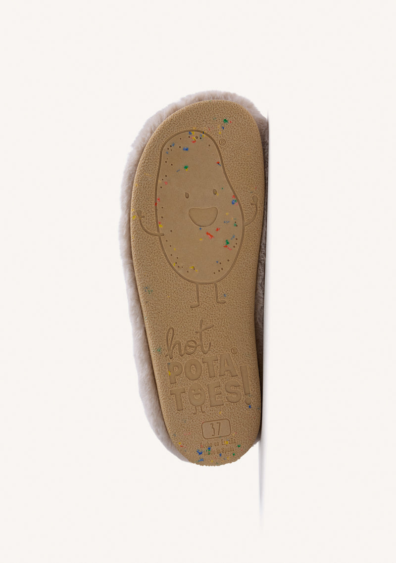 BEIGE FUZZY HOUSE SLIPPERS WITH DESIGN AND TEXT