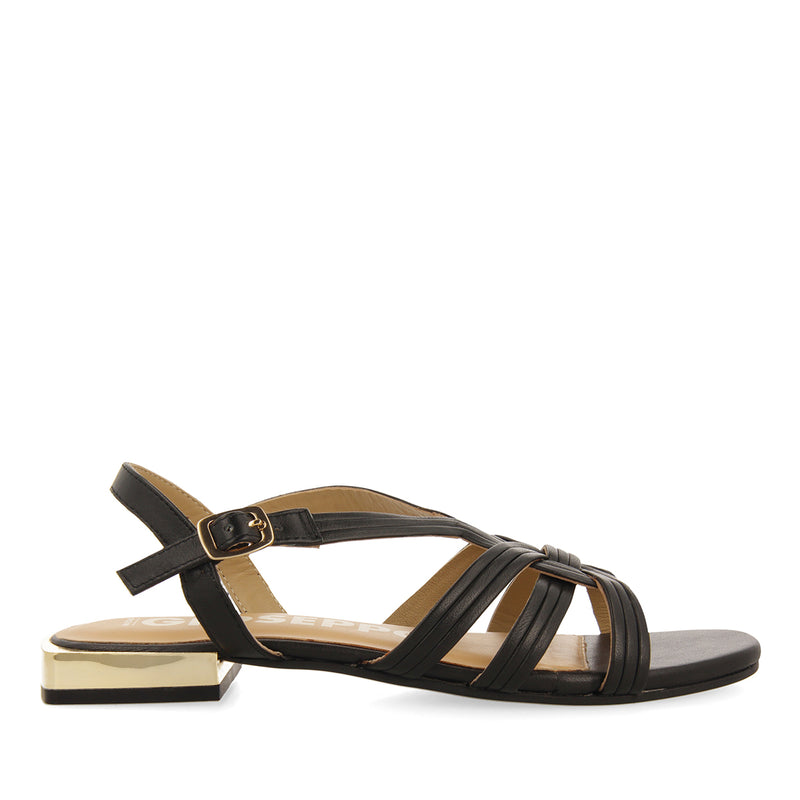 SANDALIAS NEGRAS DE PIEL CON DETALLE DORADO PARA MUJER