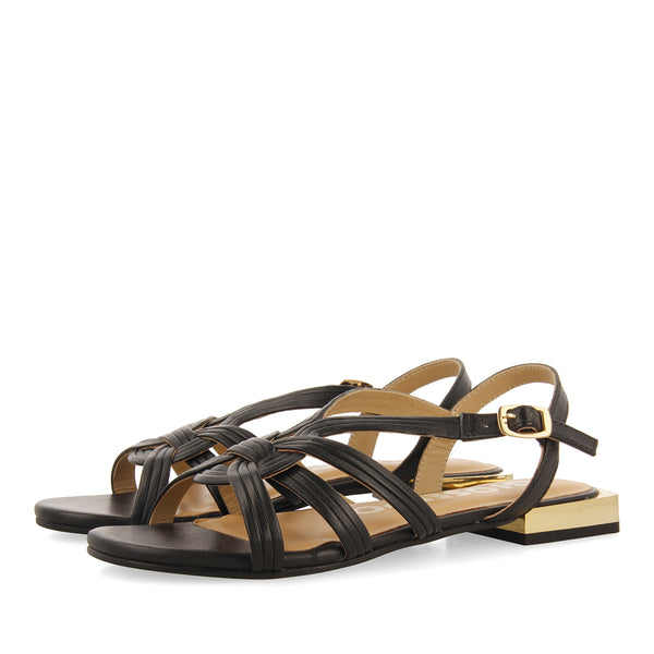 SANDALIAS NEGRAS DE PIEL CON DETALLE DORADO PARA MUJER
