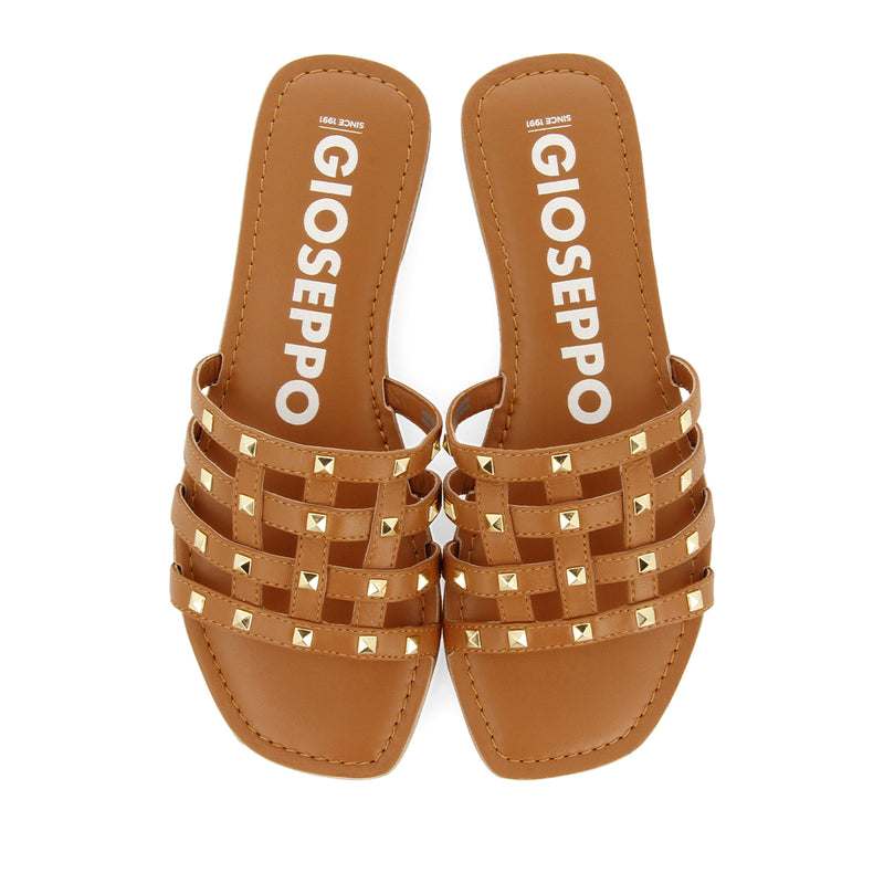 SANDALIAS COLOR CUERO DE PIEL TIPO PALA CON TACHUELAS PARA MUJER