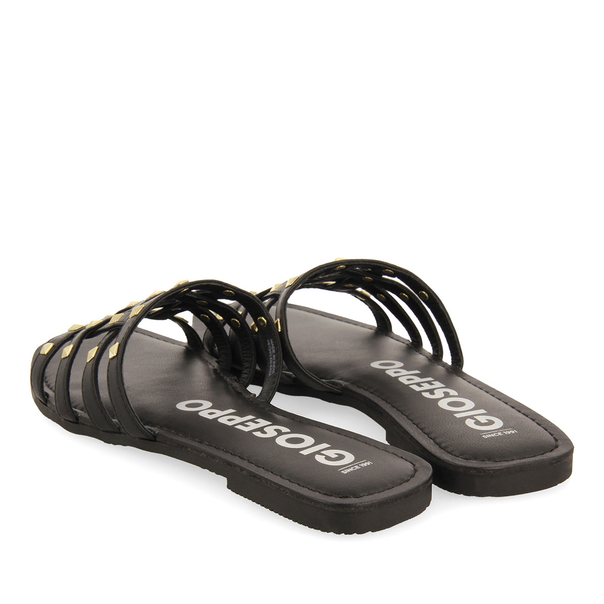 WOMEN'S BLACK LEATHER SPADE SANDALS WITH STUDS