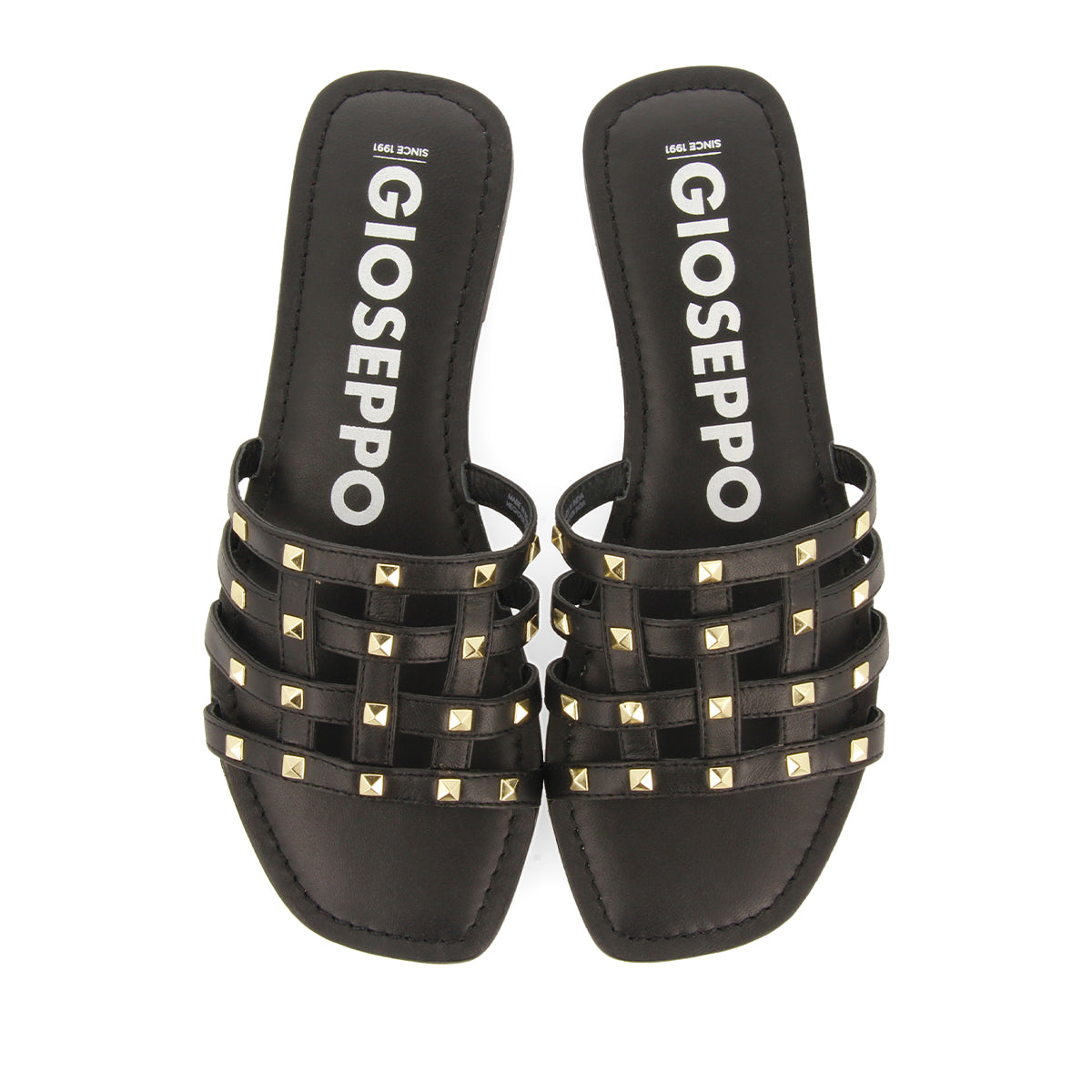 WOMEN'S BLACK LEATHER SPADE SANDALS WITH STUDS