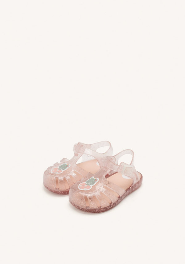 CANGREJERAS COLOR ROSA CON GLITTER Y PARCHE DE OSITO PARA BEBÉ NEWBERG