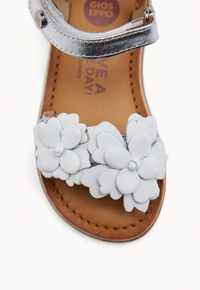 SILVER LEATHER SANDALS WITH FLOWER EMBELLISHMENT FOR GIRL AND BOY SHEGAN
