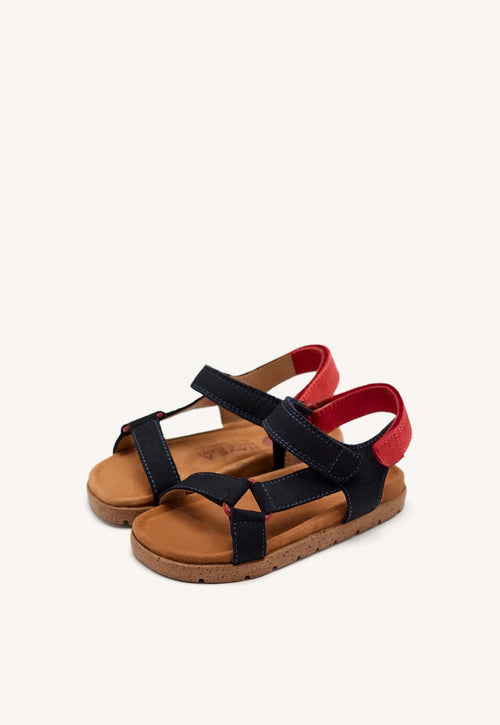 SANDALIAS EN AZUL MARINO DE PIEL CON ACENTOS EN ROJO PARA NIÑO Y NIÑA DEPOE