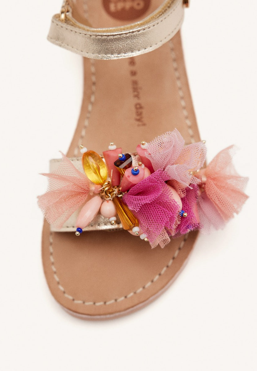 LEATHER, TULLE AND BEADS SANDALS STANNARD