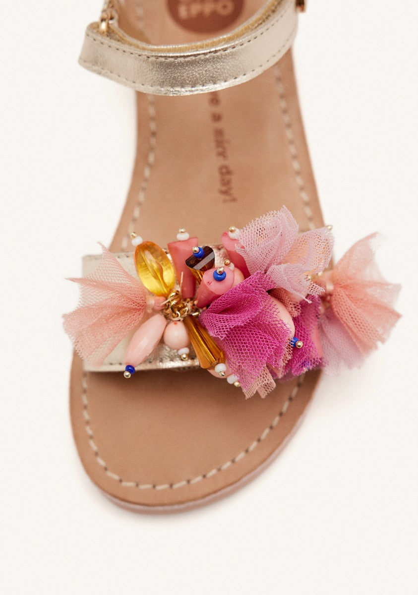 LEATHER, TULLE AND BEADS SANDALS STANNARD