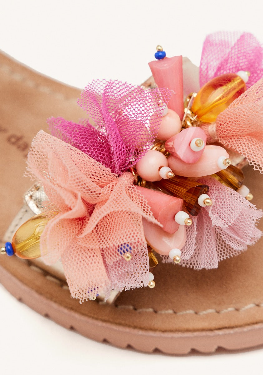 LEATHER, TULLE AND BEADS SANDALS STANNARD
