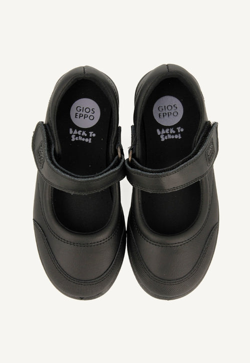 BLACK LEATHER BALLERINA-STYLE SCHOOL SHOES WITH ADJUSTABLE FASTENING LAMBDA