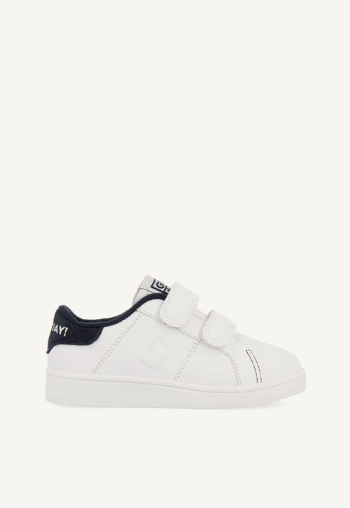 WHITE SCHOOL SNEAKERS WITH NAVY BLUE DETAIL AND DOUBLE ADJUSTABLE VOLSK CLOSURE