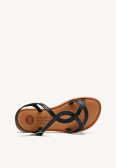 VAREZA GIRLS METALLIC BLACK LEATHER SANDALS