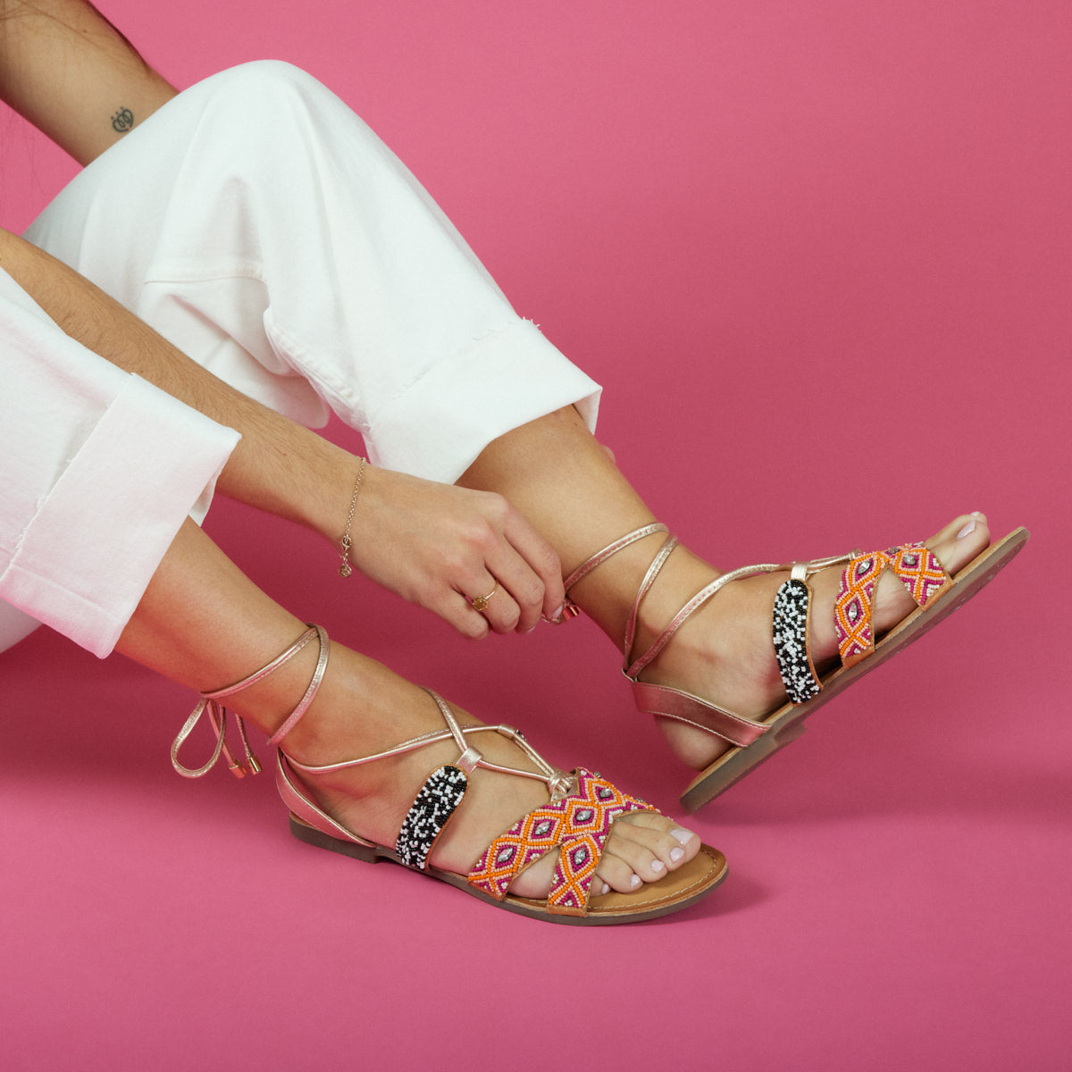 Bresse women's flat multicoloured geometric braided leather sandals with laces