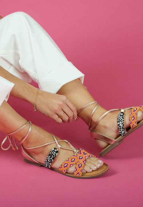 Sandalias planas de piel con trenzado étnico multicolor con cordones para mujer bresse  