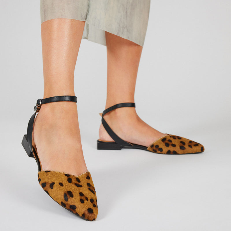 Cudot women's leopard-print leather slingback ballet flats with ankle strap