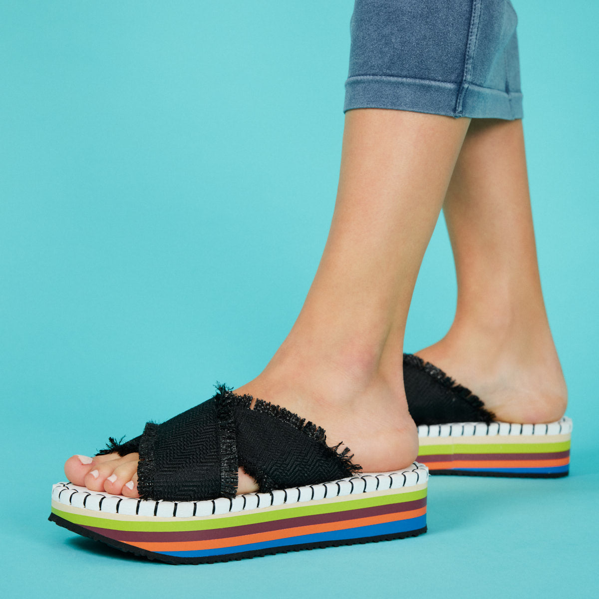 Terena women's black beach sandals with multicoloured soles