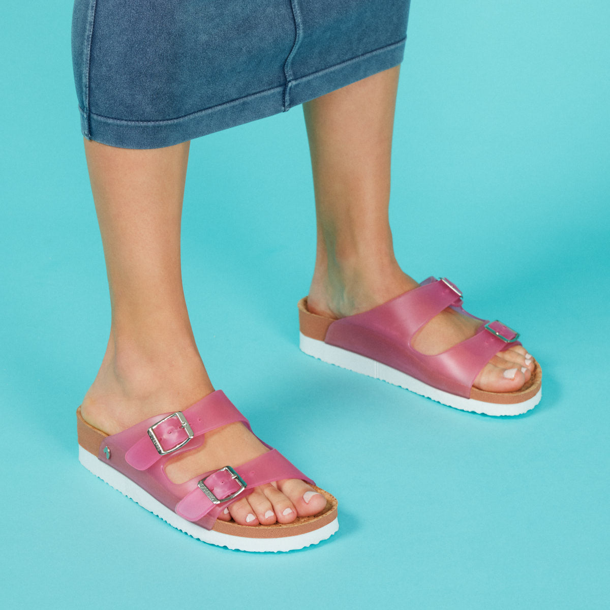 Acalaca women's see-through fuchsia footbed sandals with buckles