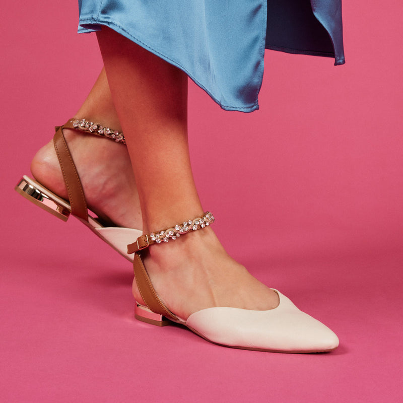 Erechim women's white leather slingback ballet flats with ankle strap fastening